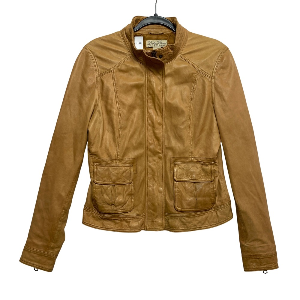 Lucky Brand Leather Jacket Womens Medium Tan Brown Moto Lambskin Zip Up